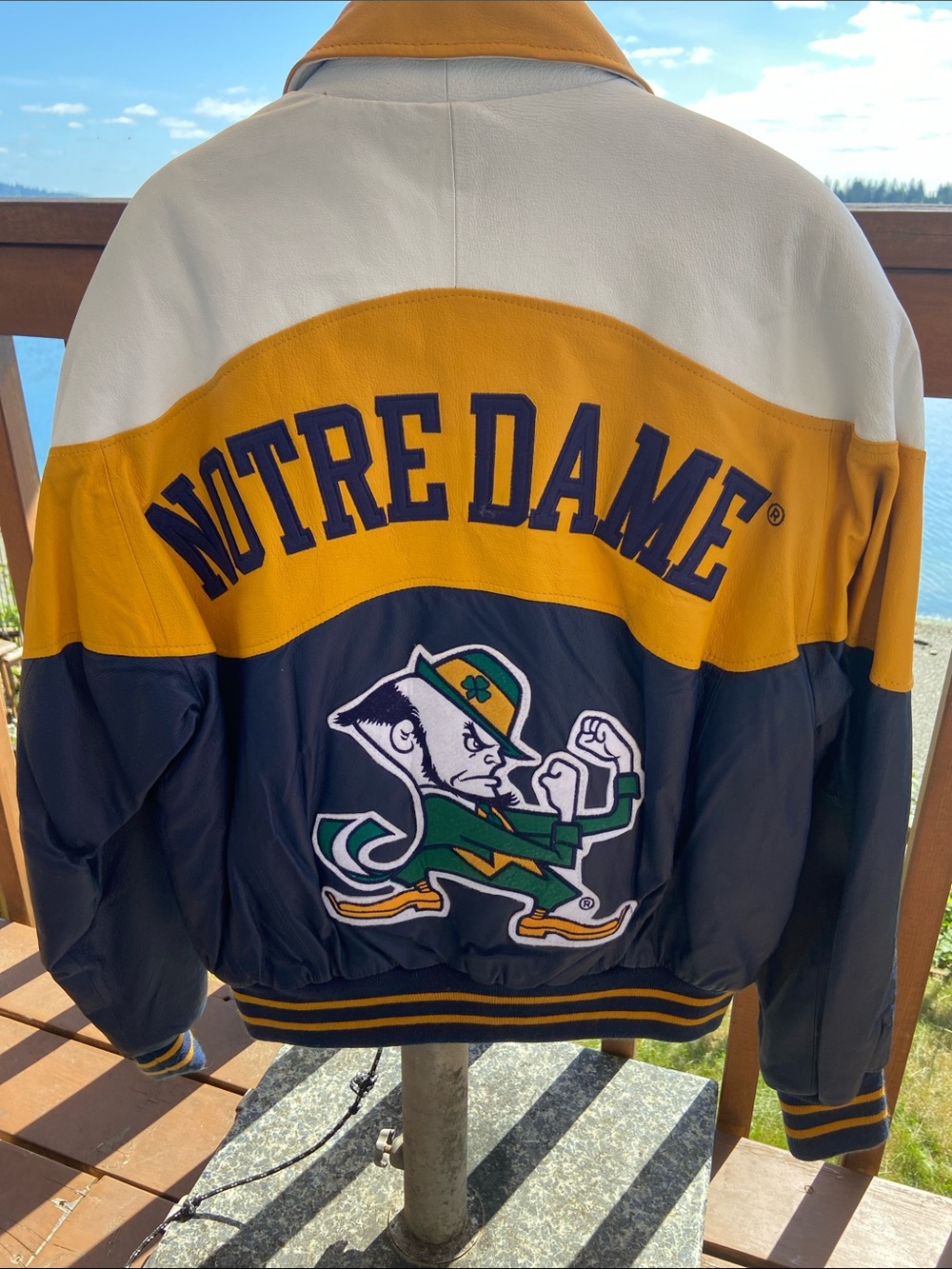 Notre Dame Fighting Irish vintage 80’s Leather Jacket - Gold/Navy/White size M - Picture 2 of 10